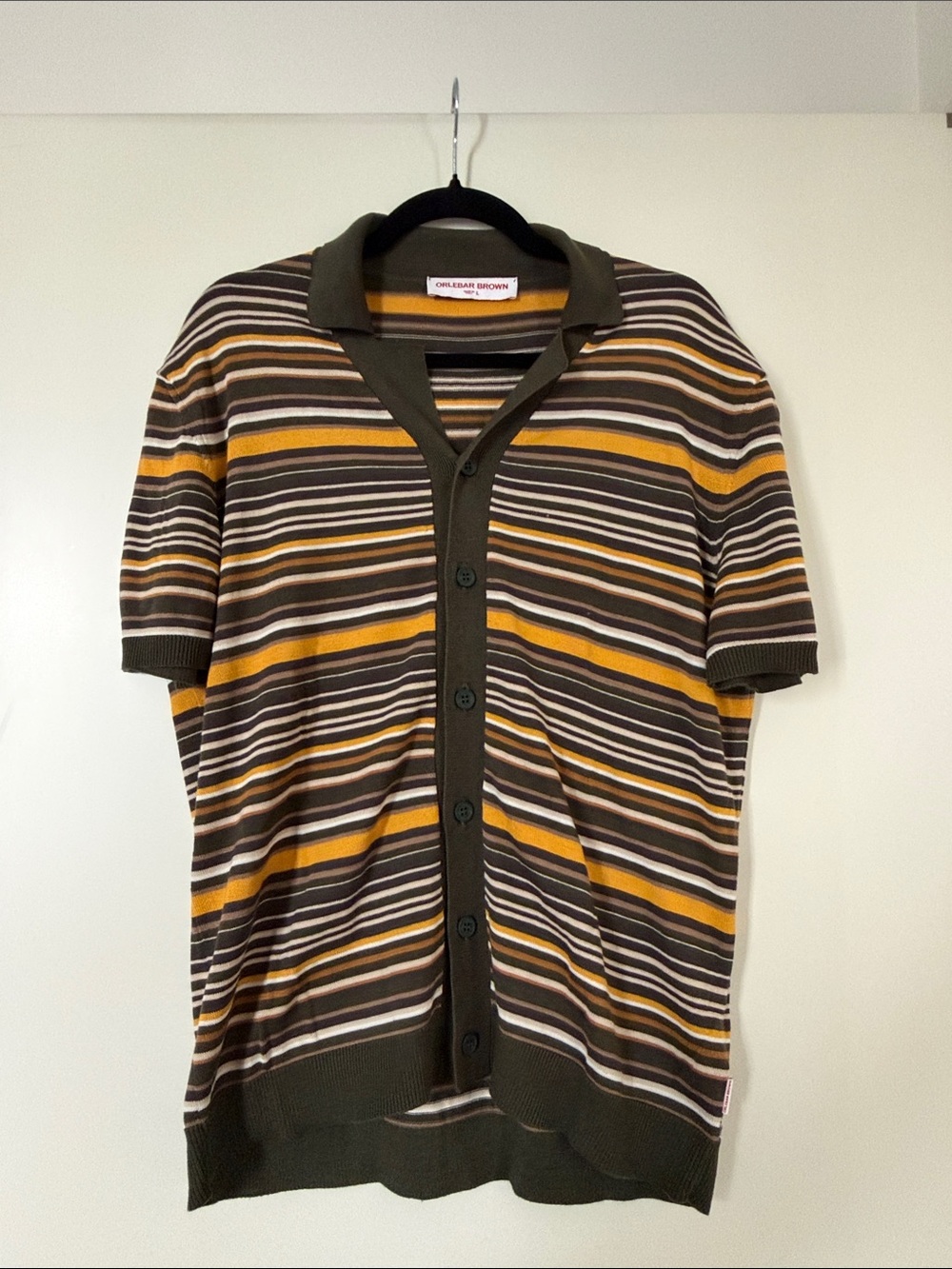 Orlebar Brown Striped Short-Sleeve Polo Cardigan in Olive, Brown & Mustard